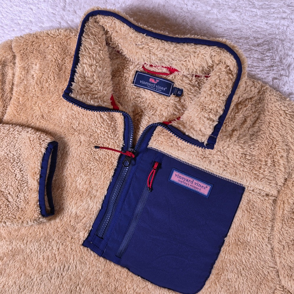 Vineyard Vines 1/4 Zip Pullover Mens XL Beige Sherpa L/S Fleece 1K001387